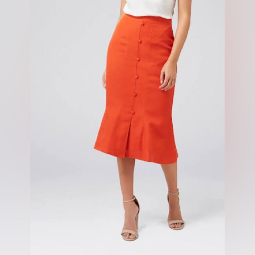 NEW EVER NEW MELBOURNE Naomi button front linen blend skirt in tangerine 12